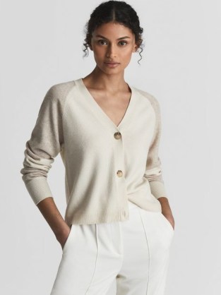 REISS POLLY COLOURBLOCK CARDIGAN NEUTRAL / WHITE ~ women’s V-neck button up tonal cardigans ~ womens chic cashmere blend knits
