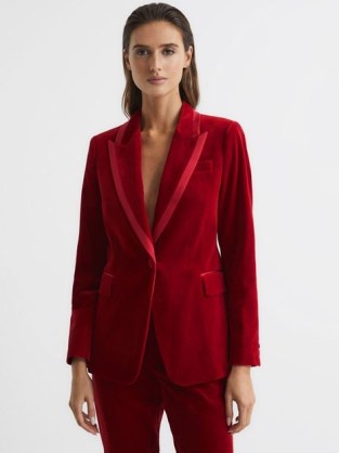 REISS BREE SINGLE BREASTED TAILORED VELVET BLAZER in RED – women’s luxe blazers – womens evening occasion jackets