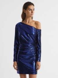 REISS TAMARA SEQUINED MINI DRESS BLUE – glamorous one shoulder party dresses – shimmering sequinned evening fashion – occasion glamour