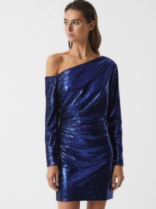 REISS TAMARA SEQUINED MINI DRESS BLUE – glamorous one shoulder party dresses – shimmering sequinned evening fashion – occasion glamour - flipped