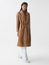 REISS NEAVE REVERSIBLE LONG SHEARLING COAT TAN ~ women’s luxe brown winter coats