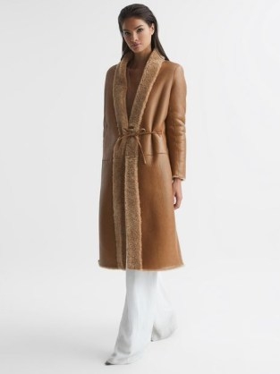 REISS NEAVE REVERSIBLE LONG SHEARLING COAT TAN ~ women’s luxe brown winter coats - flipped