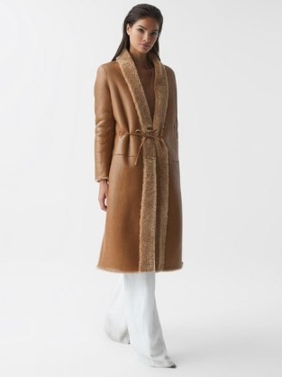 REISS NEAVE REVERSIBLE LONG SHEARLING COAT TAN ~ women’s luxe brown winter coats