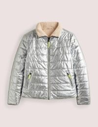 Boden Reversible Borg Puffer Jacket in Silver Metallic / women’s high shine winter jackets / textured faux shearling outerwear