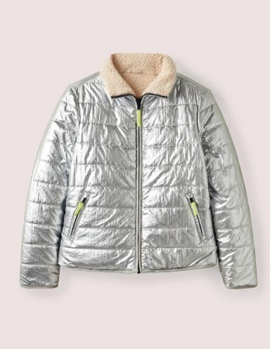 Boden Reversible Borg Puffer Jacket in Silver Metallic / women’s high shine winter jackets / textured faux shearling outerwear - flipped