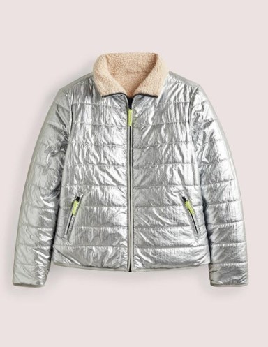 Boden Reversible Borg Puffer Jacket in Silver Metallic / women’s high shine winter jackets / textured faux shearling outerwear
