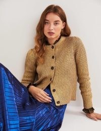 Boden Ribbed Gold Cardigan in Gold Foil | chunky metallic knits