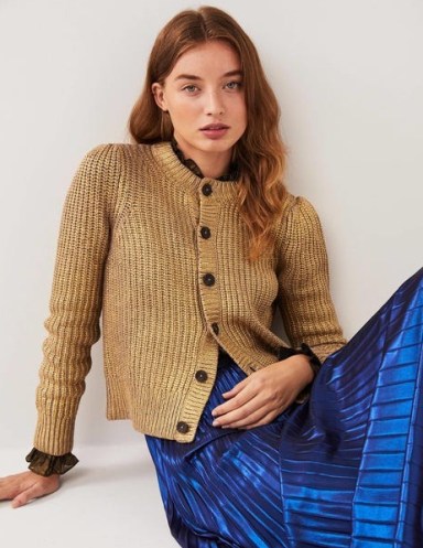 Boden Ribbed Gold Cardigan in Gold Foil | chunky metallic knits - flipped