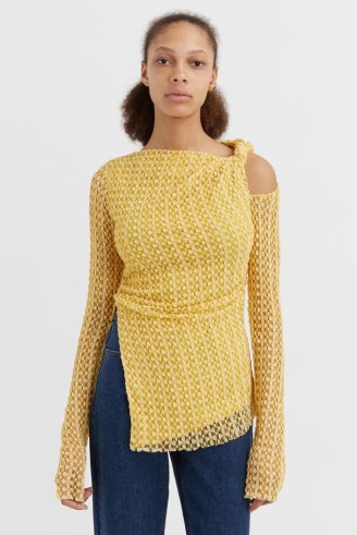 CAMILLA AND MARC Riviera Long Sleeve Textured Lace Top in Yellow – contemporary cut out tops – asymmetric fashion – twist shoulder detail - flipped