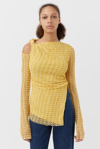 CAMILLA AND MARC Riviera Long Sleeve Textured Lace Top in Yellow – contemporary cut out tops – asymmetric fashion – twist shoulder detail