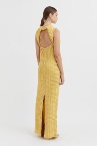 CAMILLA AND MARC Riviera Column Dress in Yellow – chic sleeveless open back maxi dresses – elegant occasion clothes – slit hem – textured lace fabric