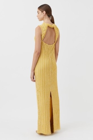 CAMILLA AND MARC Riviera Column Dress in Yellow – chic sleeveless open back maxi dresses – elegant occasion clothes – slit hem – textured lace fabric - flipped