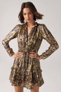 ba&sh capi mini dress | metallic long sleeve ruffle trim party dresses