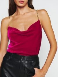 Reformation Rori Velvet Top in Rhubarb | deep pink chain link shoulder strap tops | jewel tone party fashion | draped cowl neck