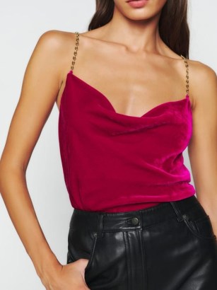 Reformation Rori Velvet Top in Rhubarb | deep pink chain link shoulder strap tops | jewel tone party fashion | draped cowl neck - flipped