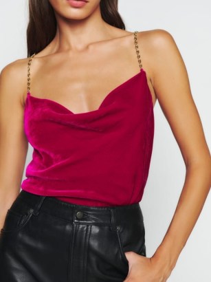 Reformation Rori Velvet Top in Rhubarb | deep pink chain link shoulder strap tops | jewel tone party fashion | draped cowl neck