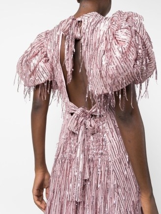 ROTATE puff-sleeve sequin fringed dress in pink – oversized puffed sleeved party dresses – women’s sequinned occasion clothes – evening glamour – glittering open tie back detail fashion - flipped
