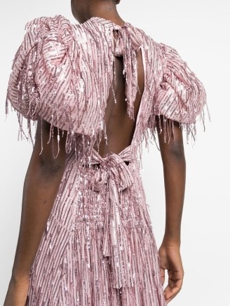 ROTATE puff-sleeve sequin fringed dress in pink – oversized puffed sleeved party dresses – women’s sequinned occasion clothes – evening glamour – glittering open tie back detail fashion