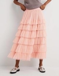 Ruffle Tulle Midi Skirt Antique Rose | pink tiered net fabric skirts | womens ballet style fashion | layered ruffles