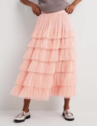 Ruffle Tulle Midi Skirt Antique Rose | pink tiered net fabric skirts | womens ballet style fashion | layered ruffles