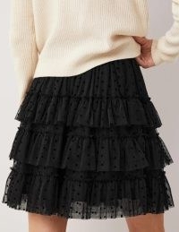 Boden Ruffle Tulle Mini Skirt in Black / ruffled tiered spot print skirts / women’s feminine net fabric clothes