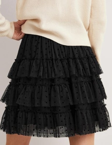 Boden Ruffle Tulle Mini Skirt in Black / ruffled tiered spot print skirts / women’s feminine net fabric clothes - flipped