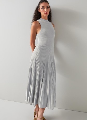 L.K. BENNETT Scott Silver Sparkle Knit Pleated Dress / luxe knitted dresses - flipped