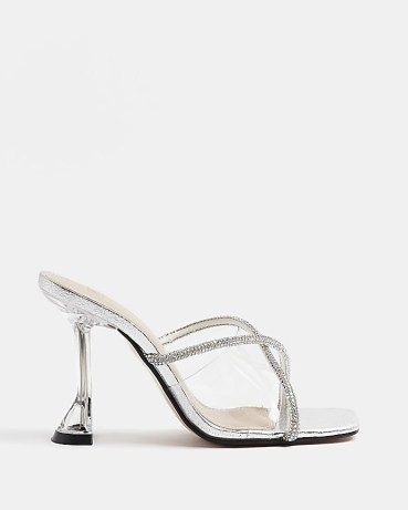 RIVER ISLAND SILVER DIAMANTE HEELED MULES ~ embellished clear panel mule sandals ~ glamorous evening shoes ~ high heel party footwear - flipped