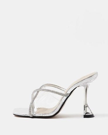 RIVER ISLAND SILVER DIAMANTE HEELED MULES ~ embellished clear panel mule sandals ~ glamorous evening shoes ~ high heel party footwear