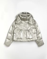 River Island SILVER REFLECTIVE HOODED PUFFER COAT | women’s metallic padded winter jackets | womens shiny cropped coats