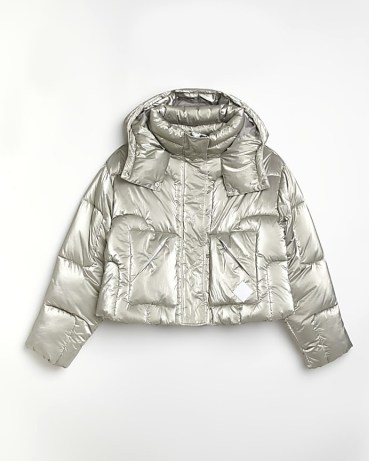 River Island SILVER REFLECTIVE HOODED PUFFER COAT | women’s metallic padded winter jackets | womens shiny cropped coats