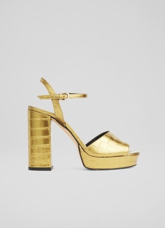 L.K. BENNETT Solange Gold Croc-Effect Leather Platform Sandals / luxe metallic party platforms / retro crocodile embossed evening shoes / vintage inspired occasion footwear - flipped