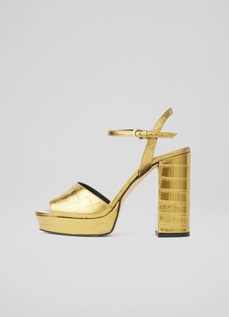 L.K. BENNETT Solange Gold Croc-Effect Leather Platform Sandals / luxe metallic party platforms / retro crocodile embossed evening shoes / vintage inspired occasion footwear