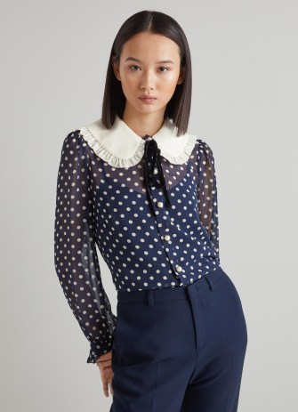 L.K. BENNETT Sophia Navy And Cream Spot Print Frill Collar Blouse / dark blue polka dot blouses / ruffle trim oversized collars - flipped