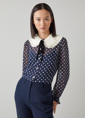 L.K. BENNETT Sophia Navy And Cream Spot Print Frill Collar Blouse / dark blue polka dot blouses / ruffle trim oversized collars