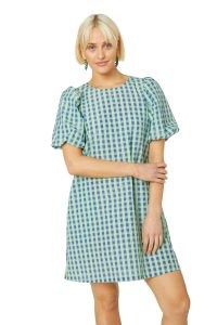 gorman Stay In Check Mini Dress in blue | women’s checked puff sleeve relaxed fit dresses