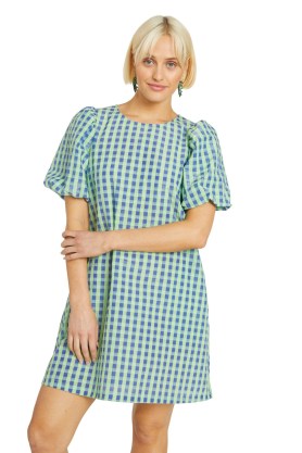 gorman Stay In Check Mini Dress in blue | women’s checked puff sleeve relaxed fit dresses - flipped