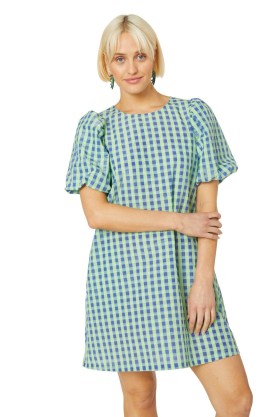 gorman Stay In Check Mini Dress in blue | women’s checked puff sleeve relaxed fit dresses