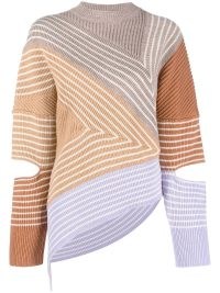 Stella McCartney Stella by Stella 3D stripes wool sweater in brown multi ~ women’s asymmetric sweaters ~ womens striped cut out sleeve jumpers