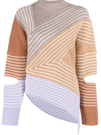 Stella McCartney Stella by Stella 3D stripes wool sweater in brown multi ~ women’s asymmetric sweaters ~ womens striped cut out sleeve jumpers - flipped