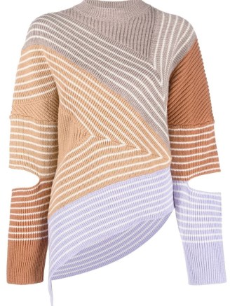Stella McCartney Stella by Stella 3D stripes wool sweater in brown multi ~ women’s asymmetric sweaters ~ womens striped cut out sleeve jumpers