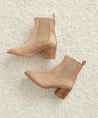 JENNI KAYNE Suede Frankie Chelsea Boot in Dark Sand ~ women’s luxe light brown block heel ankle boots - flipped