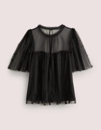 Boden Sweetheart Tulle Party Top Black – semi sheer ruffle trim evening tops