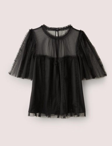 Boden Sweetheart Tulle Party Top Black – semi sheer ruffle trim evening tops - flipped