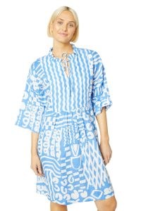 gorman Take Time Dress – mixed abstract prints – tie frill neck relaxed fit dresses – natural linen fashion