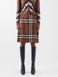 BURBERRY Exaggerated-check belted wool skirt in tan | womne’s brown checked kilt inspired skirts | back pleats for movement