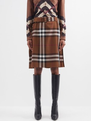 BURBERRY Exaggerated-check belted wool skirt in tan | womne’s brown checked kilt inspired skirts | back pleats for movement - flipped