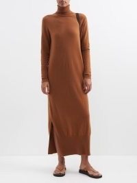 ALLUDE Wool-blend roll-neck sweater dress in tan ~ chic brown high neck knitted dresses