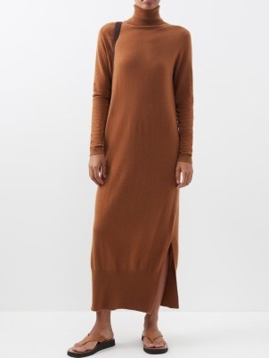 ALLUDE Wool-blend roll-neck sweater dress in tan ~ chic brown high neck knitted dresses - flipped