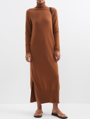 ALLUDE Wool-blend roll-neck sweater dress in tan ~ chic brown high neck knitted dresses